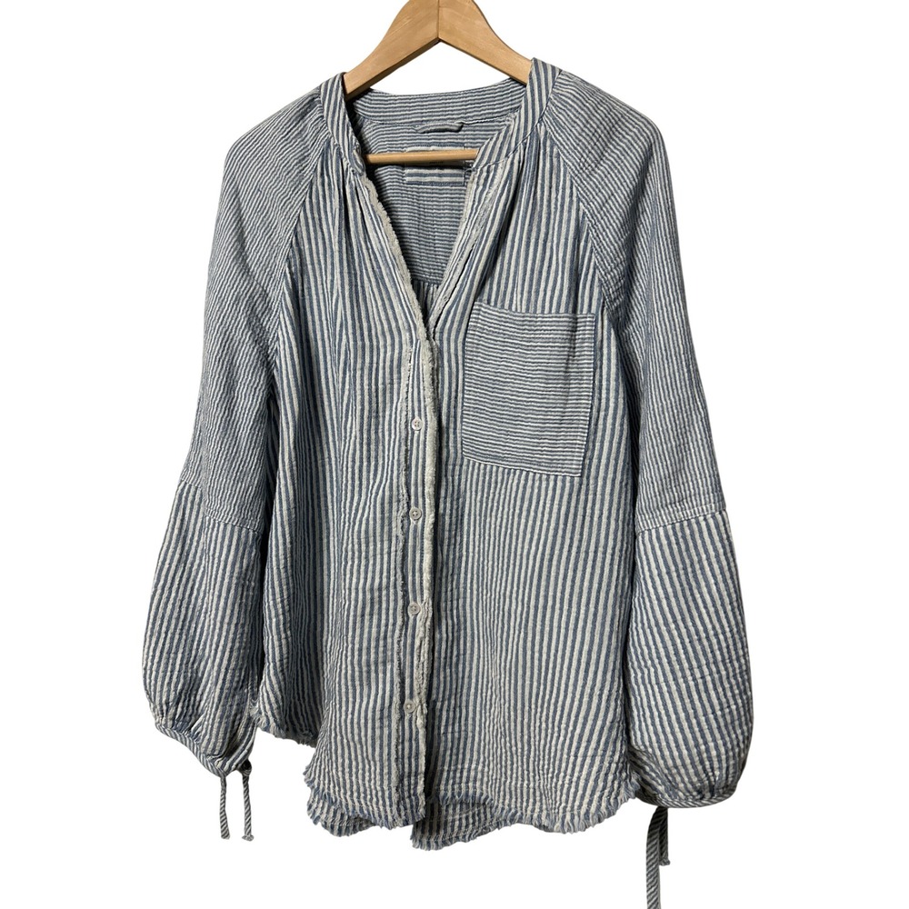 Aerie Daybreak Coverup Raw Hem Balloon Sleeve Oversized Top Blue Ivory XXS EUC